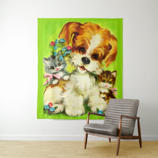 cute puppy and smiling kittens print tapestry