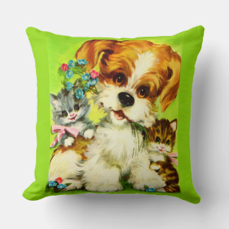 cute puppy and smiling kittens print throw pillow
