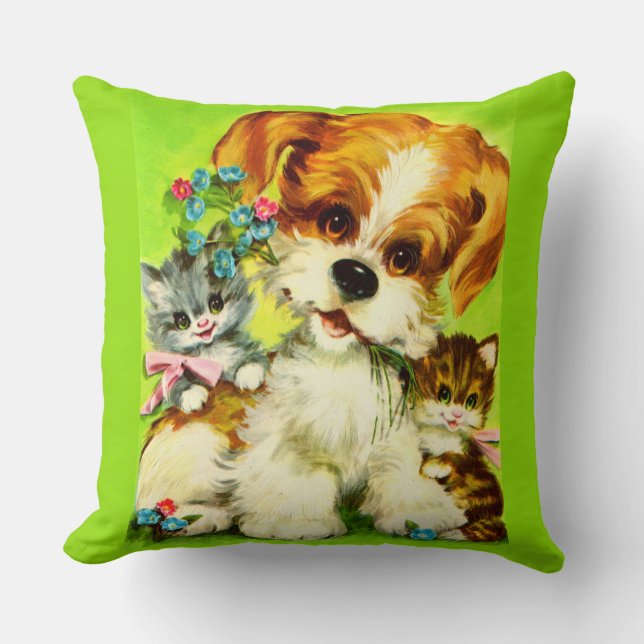 cute puppy and smiling kittens print throw pillow (Front)