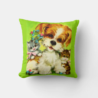 cute puppy and smiling kittens print throw pillow