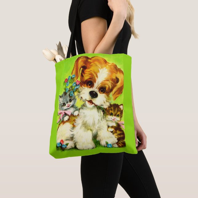 cute puppy and smiling kittens print tote bag (Close Up)