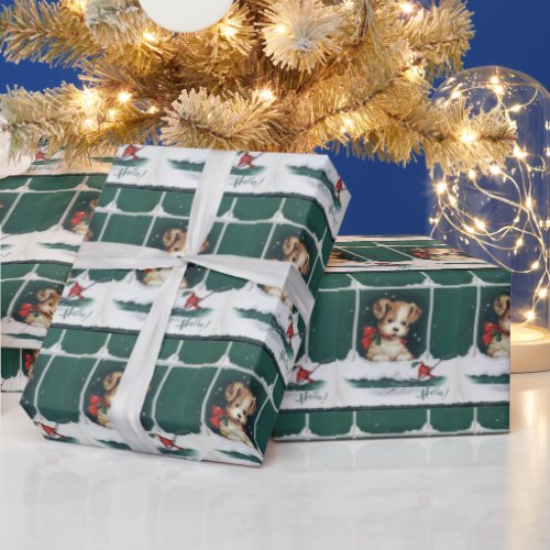 Cute Puppy at Window Christmas Day Wrapping Paper