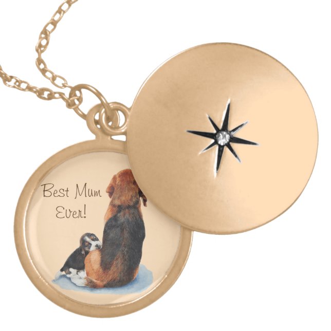 Cute puppy beagle cuddling mom dog gold plated necklace (Front)