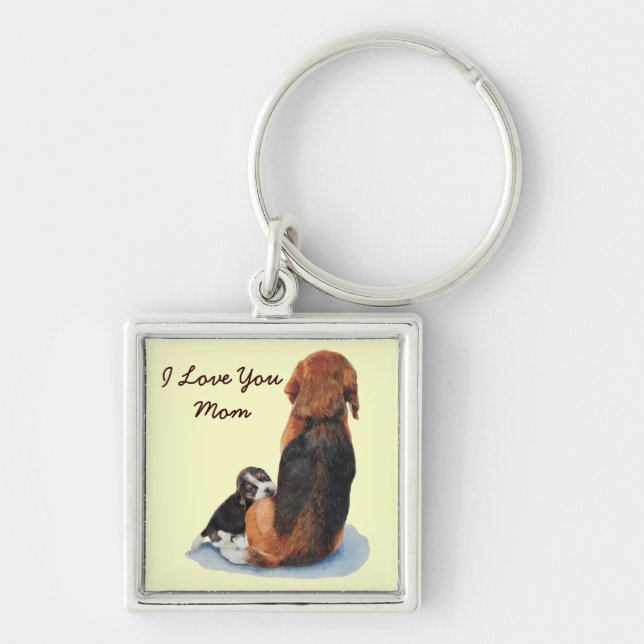 Cute puppy beagle cuddling mom dog keychain (Front)