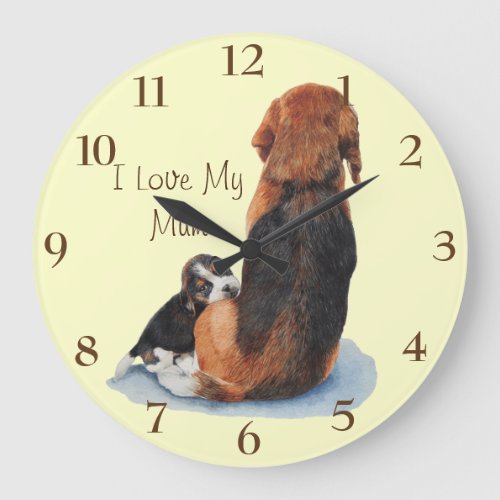 Cute puppy beagle cuddling mom dog realist art large clock