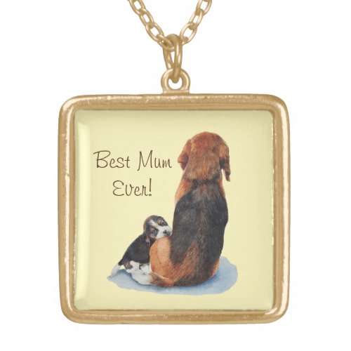 Cute puppy beagle cuddling mom dog with love gold plated necklace