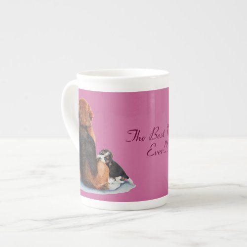 cute puppy beagle cuddling mom dog with slogan bone china mug