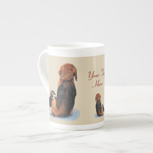 cute puppy beagle cuddling mom dog with slogan bone china mug