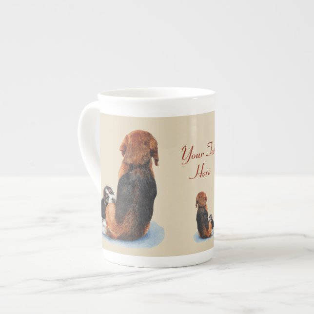 cute puppy beagle cuddling mom dog with slogan bone china mug (Front Left)