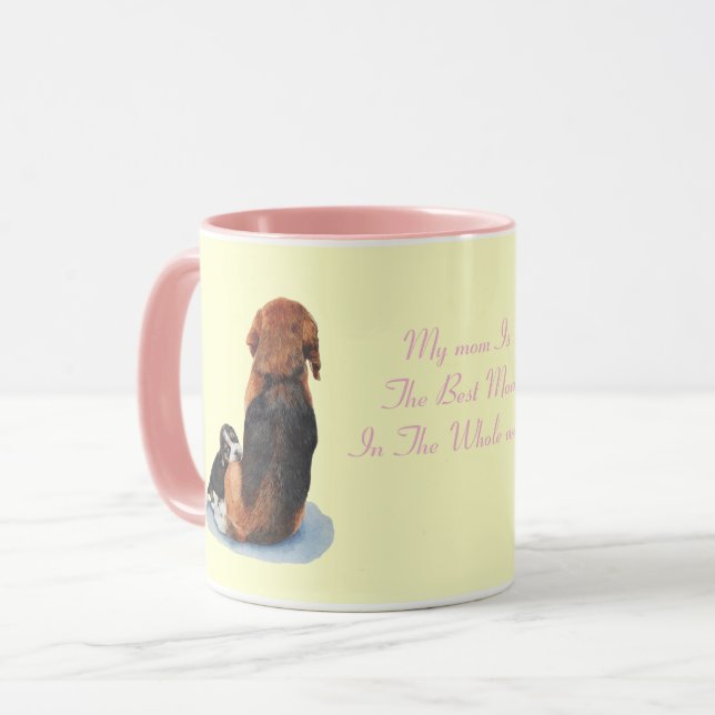cute puppy beagle cuddling mom dog with slogan mug (Front Left)
