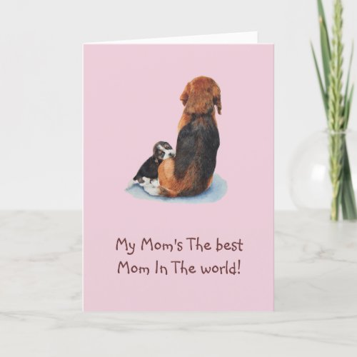 Cute puppy beagle cuddling mom dog with verse card
