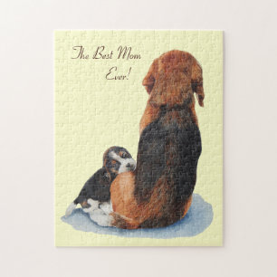 Cute puppy beagle cuddling mom jigsaw puzzle