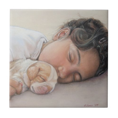 cute puppy beagle cuddling sleeping child and dog ceramic tile