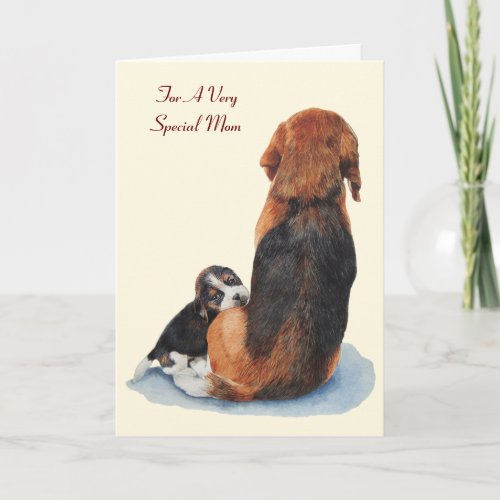 cute puppy beagle dog with mom dog with verse card