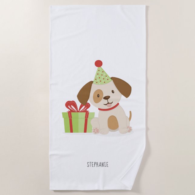 Cute Puppy Birthday Beach Towel (Front)