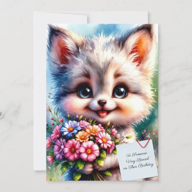 Cute Puppy Birthday Card with Flowers (Front)