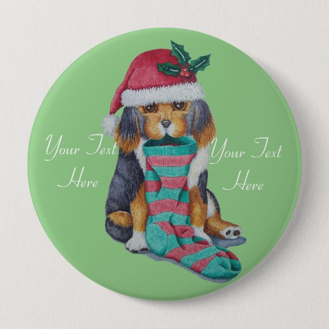 cute puppy black and brown with christmas stocking button (Front)