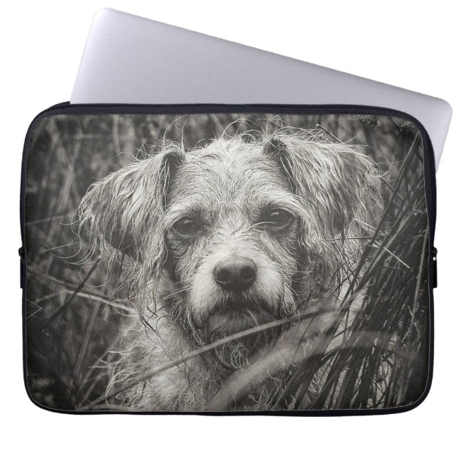 Cute Puppy Black and Whie Portrait Photograph Laptop Sleeve (Front)