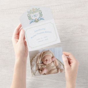 Cute Puppy Blue Crest Monogram Birth Announcement