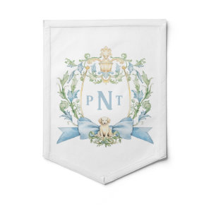 Cute Puppy Blue Crest Monogram Birth Announcement Pennant