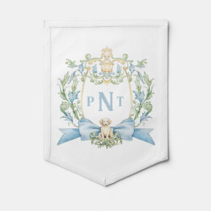 Cute Puppy Blue Crest Monogram Birth Announcement Pennant