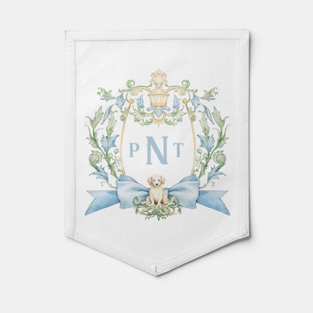 Cute Puppy Blue Crest Monogram Birth Announcement Pennant (Front)