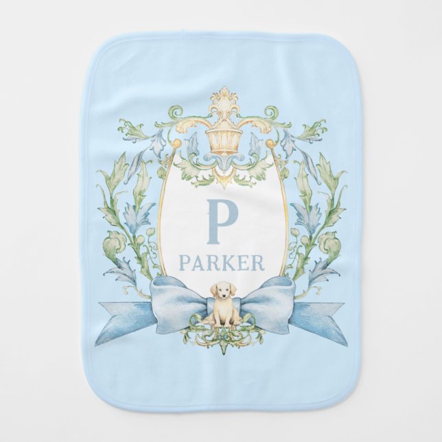 Cute Puppy Blue Ribbon Crest | Baby Boy Baby Burp Cloth (Front)