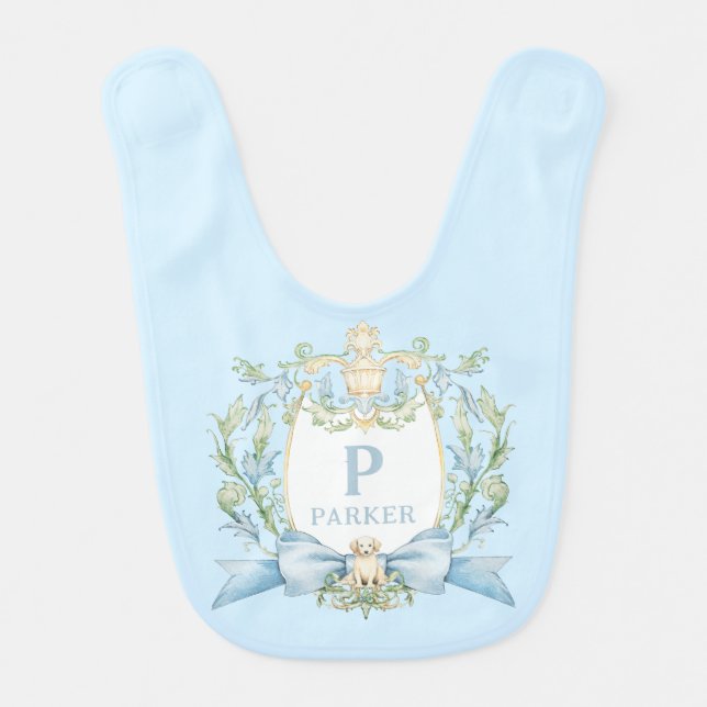 Cute Puppy Blue Ribbon Crest | Baby Boy Bib (Front)