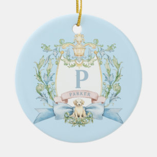 Cute Puppy Blue Ribbon Crest Baby Boy Ceramic Ornament