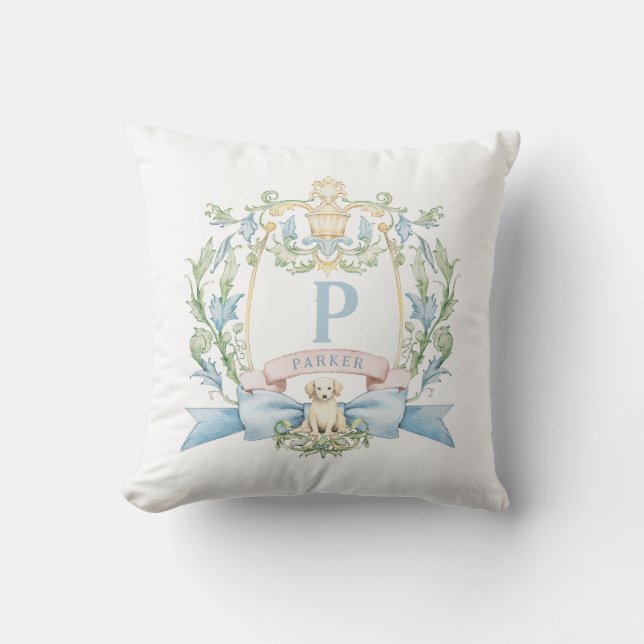 Cute Puppy Blue Ribbon Crest | Baby Boy Throw Pillow (Front)