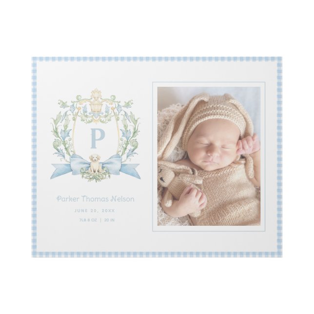 Cute Puppy Blue Ribbon Crest | Baby Boy Wall Art (Front)