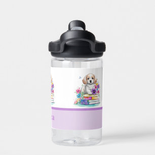 Cute Puppy Books & Colorful Flowers Water Bottle