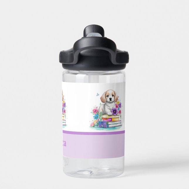 Cute Puppy Books & Colorful Flowers Water Bottle (Back)