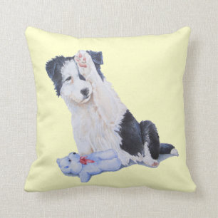 Cute puppy border collie and teddy dog art throw pillow