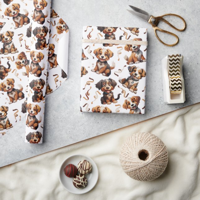 Cute Puppy Brown Ribbon Dog Pet Wrapping Paper (Crafts)