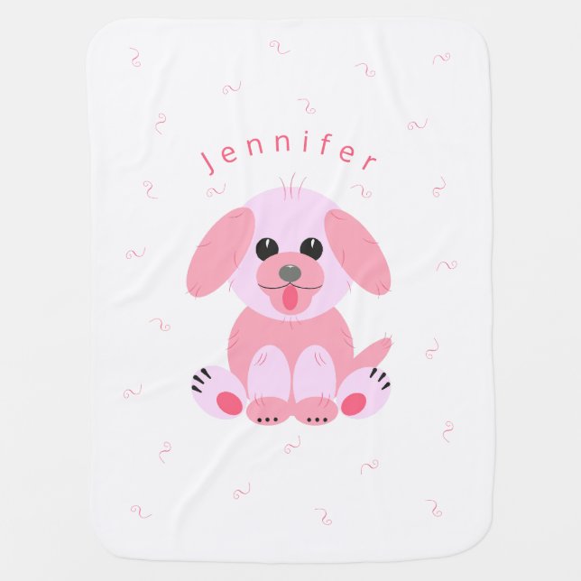 Cute Puppy Cartoon Dog Blush Pink Personalized Baby Blanket (Front)