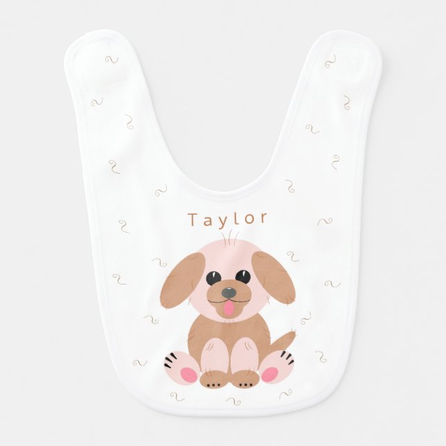 Cute Puppy Cartoon Dog Personalized Pastel Neutral Baby Bib (Front)