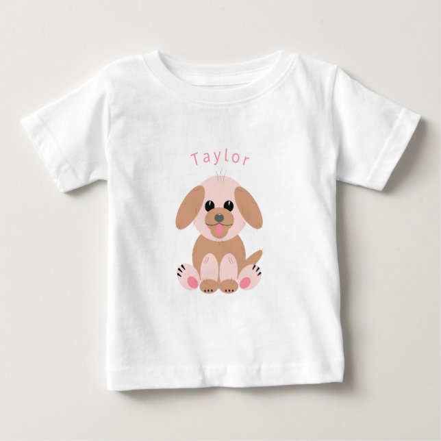 Cute Puppy Cartoon Personalized Neutral Pastel Baby T-Shirt (Front)