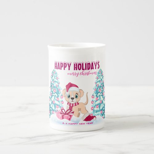 Cute Puppy Cartoon Pink Christmas Holidays Bone China Mug