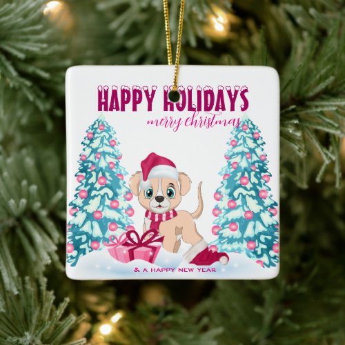 Cute Puppy Cartoon Pink Christmas Holidays Ceramic Ornament