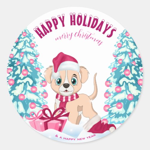 Cute Puppy Cartoon Pink Christmas Holidays Classic Round Sticker