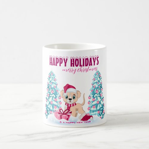 Cute Puppy Cartoon Pink Christmas Holidays Coffee Mug