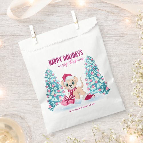 Cute Puppy Cartoon Pink Christmas Holidays Favor Bag