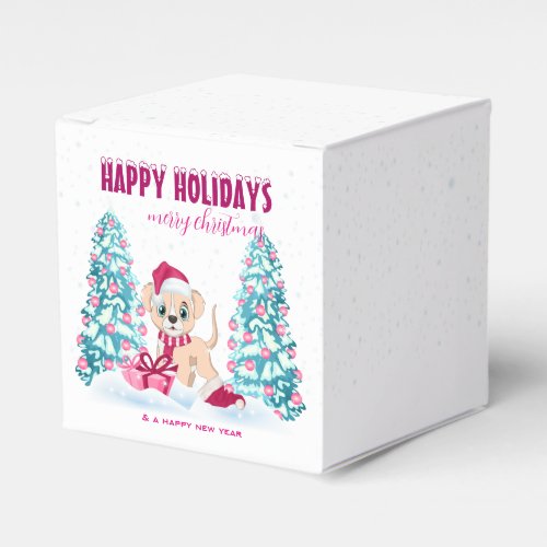 Cute Puppy Cartoon Pink Christmas Holidays Favor Boxes