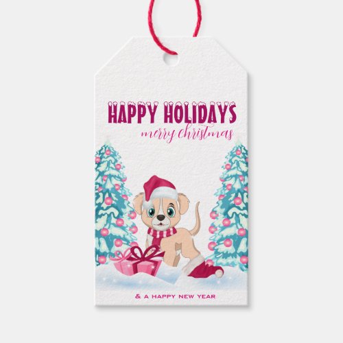 Cute Puppy Cartoon Pink Christmas Holidays Gift Tags