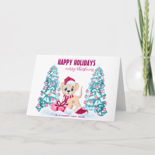 Cute Puppy Cartoon Pink Christmas Holidays Holiday Card