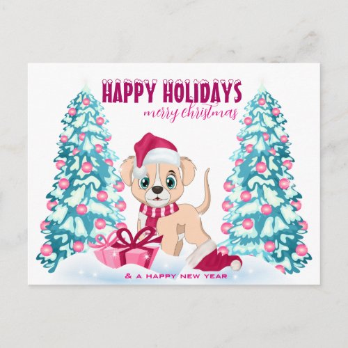 Cute Puppy Cartoon Pink Christmas Holidays Holiday Postcard