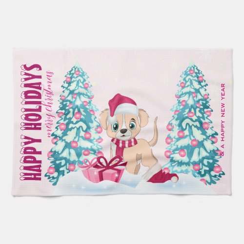 Cute Puppy Cartoon Pink Christmas Holidays Kitchen Towel