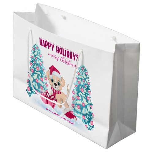 Cute Puppy Cartoon Pink Christmas Holidays Large Gift Bag