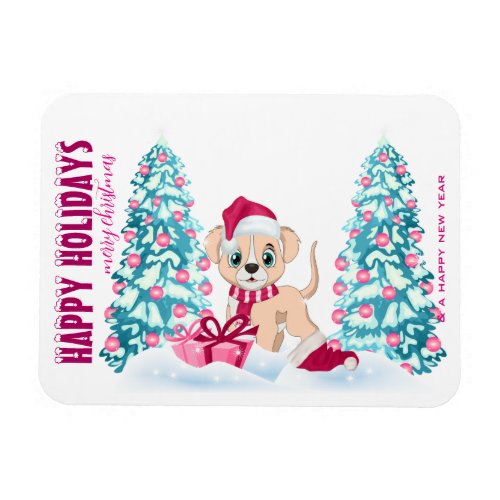 Cute Puppy Cartoon Pink Christmas Holidays Magnet